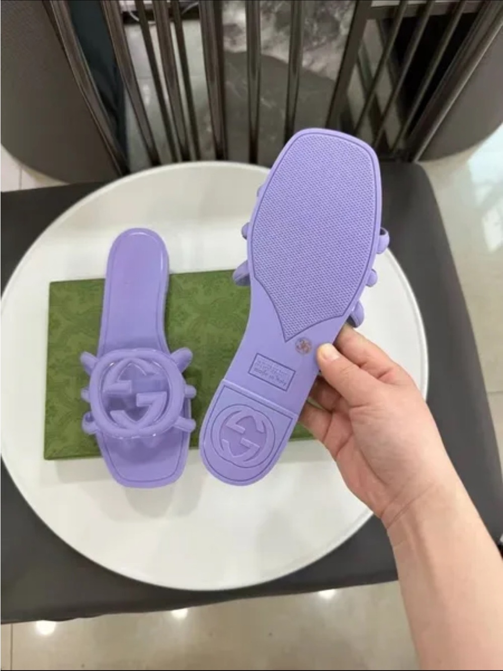 Lilac Slide Mules with Circular Emblem